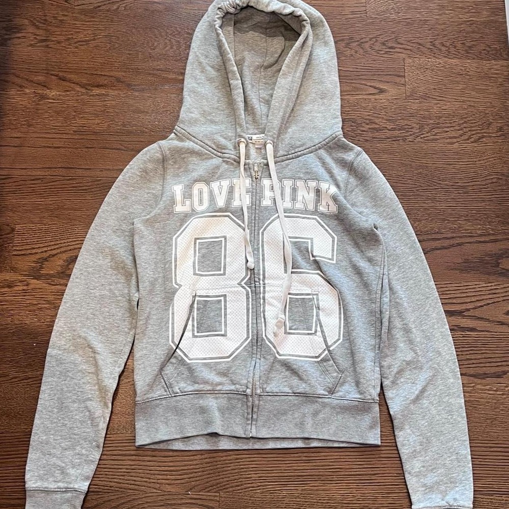 y2k victoria's secret PINK gray graphic zip up hoodie small
